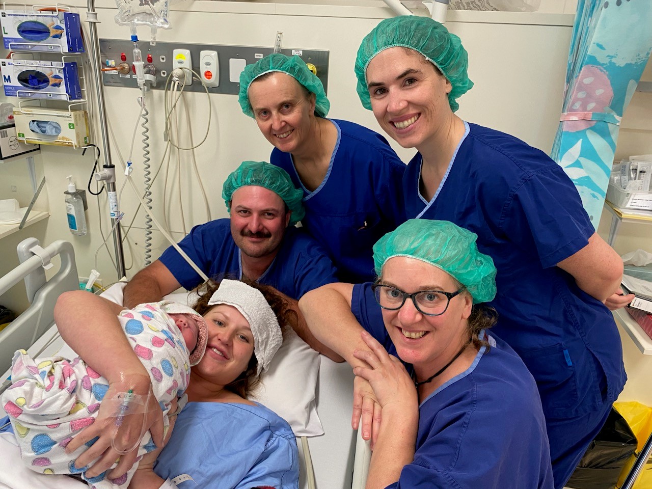 Eloise and Peter with their newborn daughter Asta Nicole Batten, with Midwife Jane Corben and GP Obstetrician who were present for the birth at Dhelkaya Health.