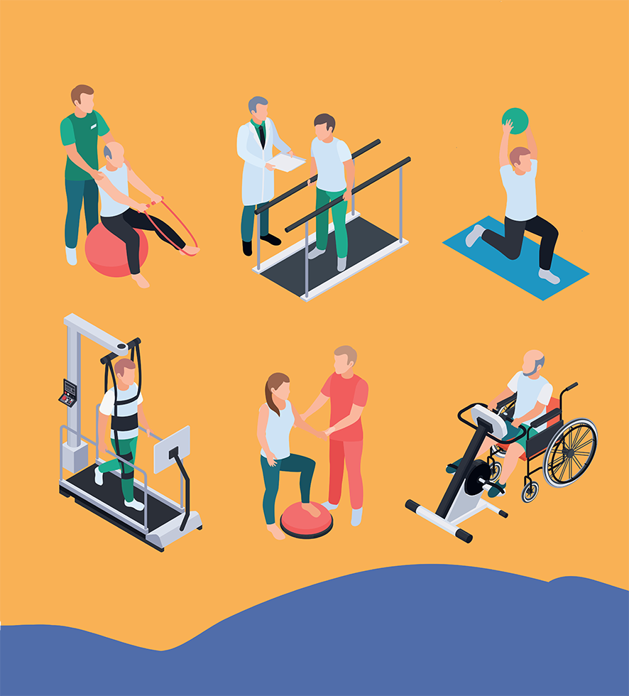 Illustration of people using exercise equipment for rehabilitation purposes.