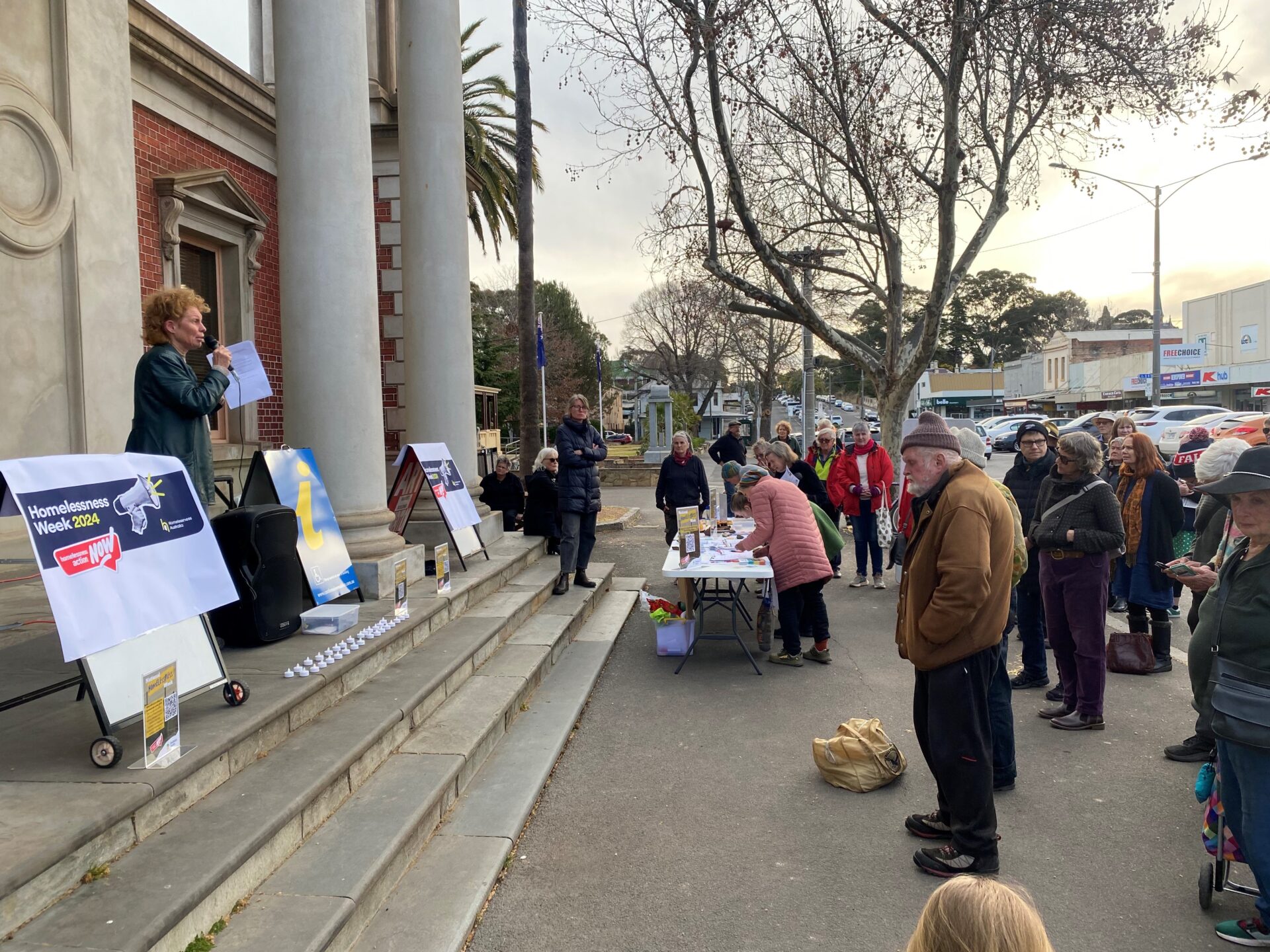 Kaz Neilson speaking to the crowd gathered at the Homelessness Week vigil