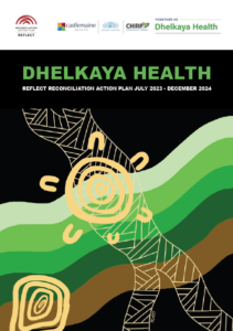 Front cover of Reconciliation Action Plan showing a turtle painting with blue/brown colouring on the background