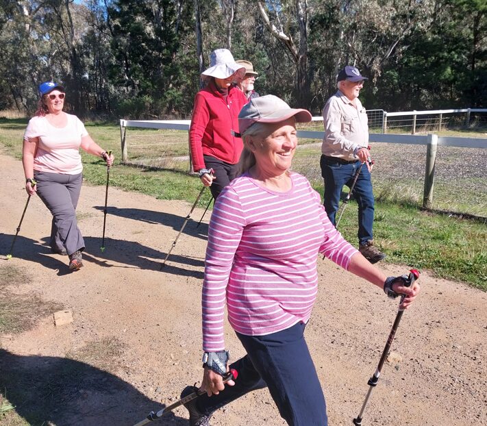 Nordic Walking group members in the Castlemaine Botanic Gardens