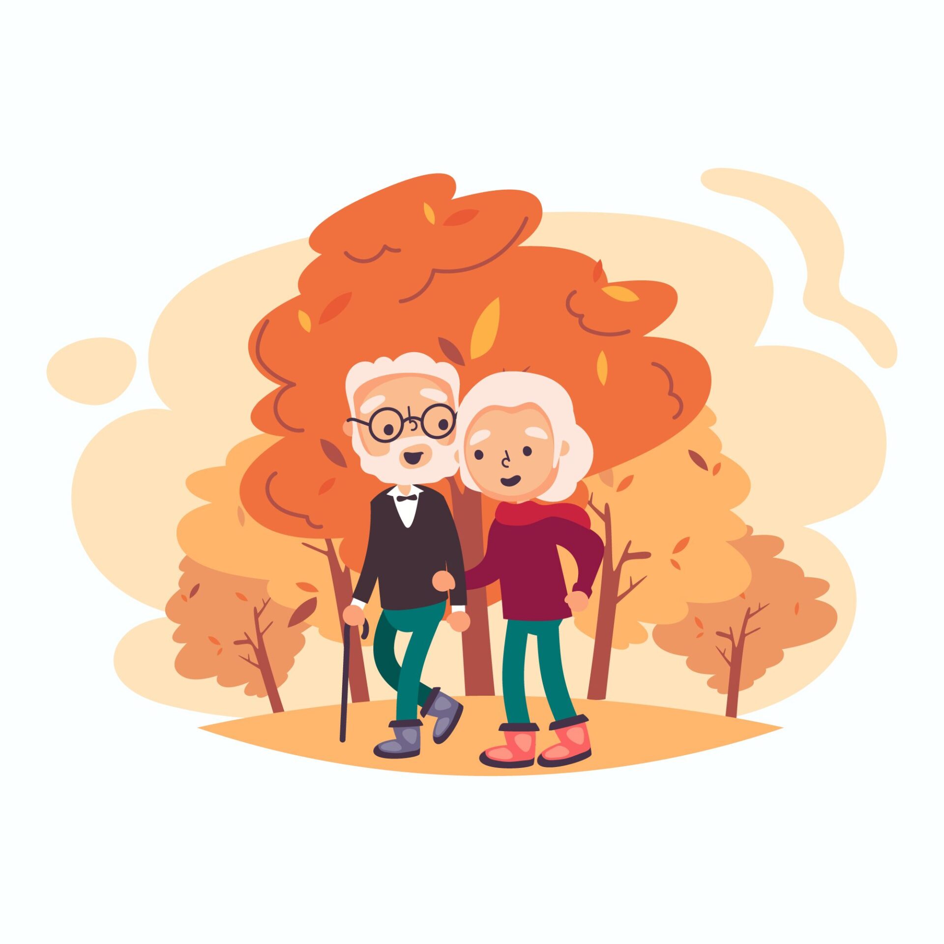 Two older people walking together in autumn leaves