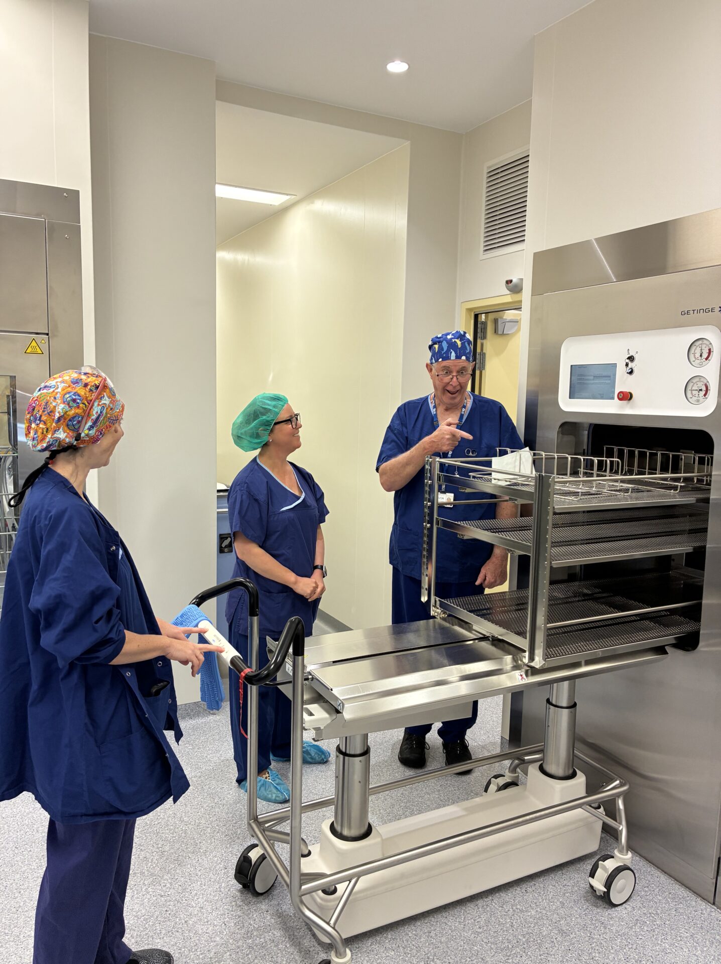 Miriam, Sarah and Steve in the redeveloped theatre sterile storage area