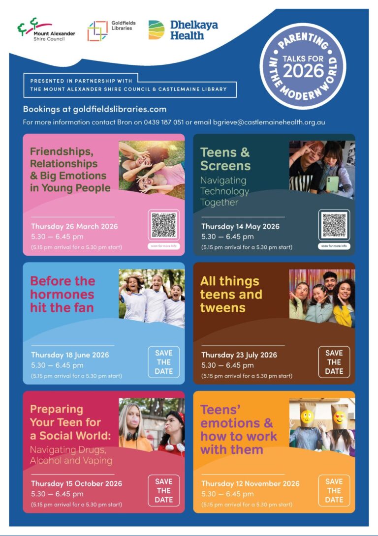 Colourful poster shows the program of events for the Parenting in the Modern World series for 2026