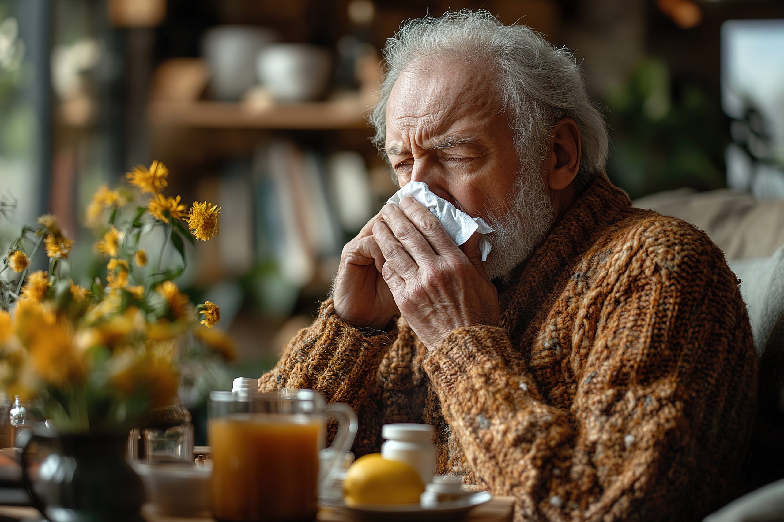 An elderly man is not feeling well, sitting at home on the sofa, holding a cup with a drink in his hands and wiping his nose with a napkin from a runny nose.