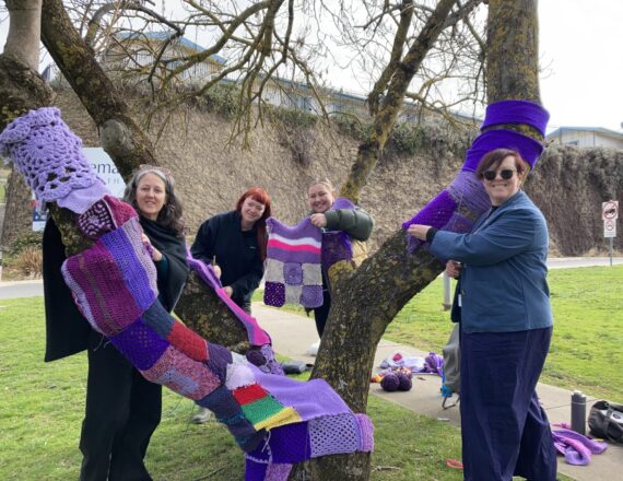Gen, Bethia, Robyn & Sherene attaching knitted and crocheted purple pieces to a bare-leafed tree