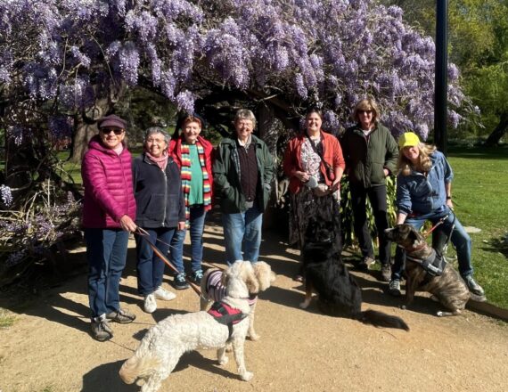 Group of LGBTIQA+ walkers and a dog standing in front of a large wisteria in Castlemaine